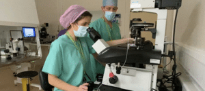 Doctors looking through microscope