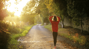 Woman enjoying a walk in the sunny woods