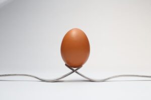 An uncooked egg resting on two forks with the tines crossed